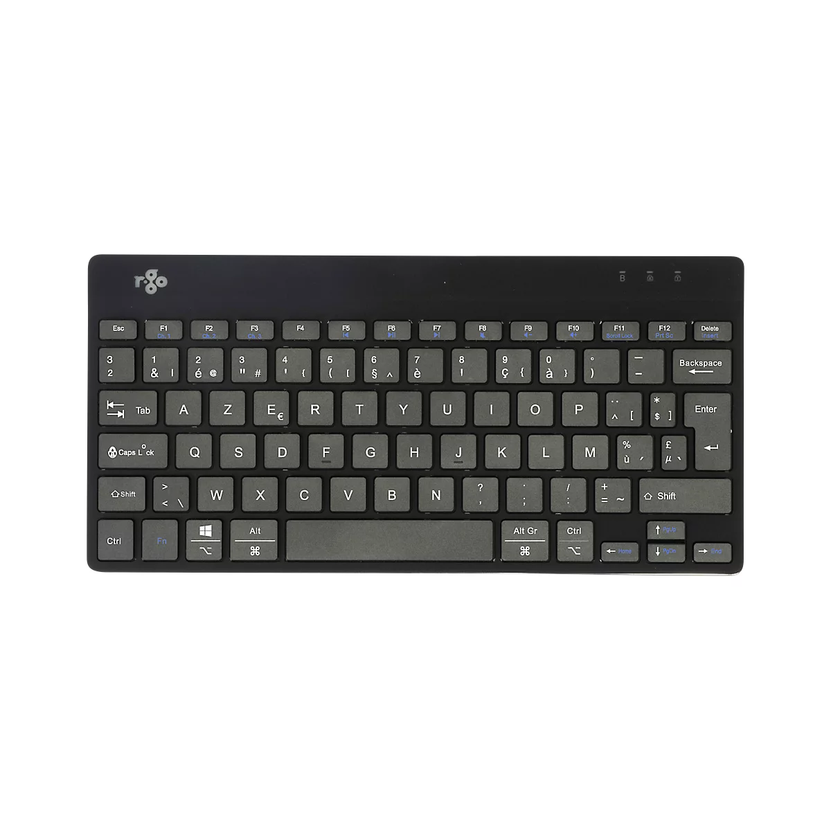 Schwarze Tastatur mit französischen Buchstaben, Tasten mit weißen Beschriftungen. Logo links oben.