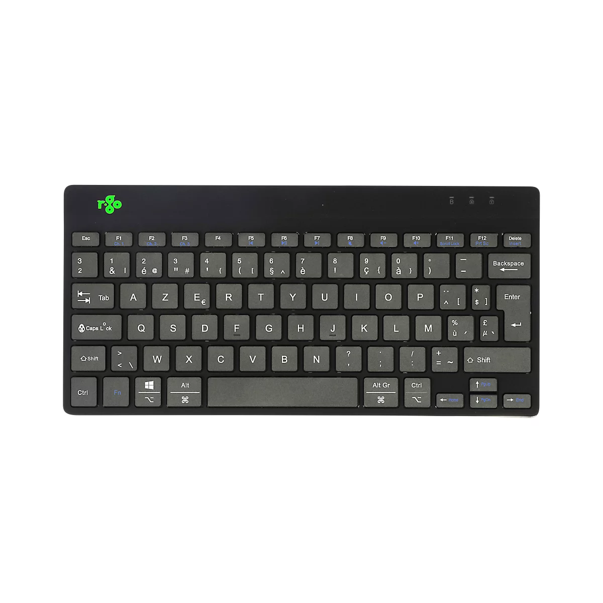 Schwarze Tastatur mit französischen Buchstaben, grünes Logo oben links. Auf den Tasten sind Buchstaben, Zahlen und Sonderzeichen zu sehen.