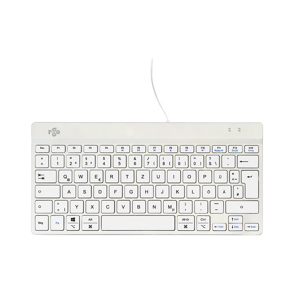 Hellweiße, kompakte Tastatur mit Kabelanschluss. Die Tasten sind beschriftet, oben ist das Logo der Marke abgebildet.
