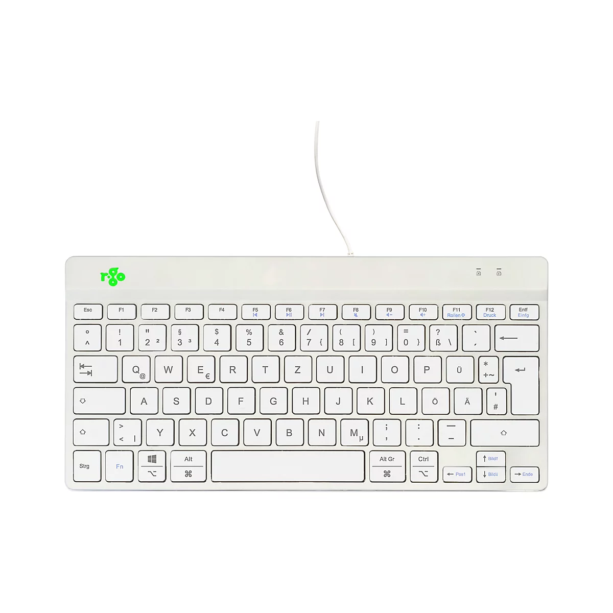 Hellgraue Computertastatur mit weißen Tasten und deutschem Layout. Oben links grünes Logo, Kabelanschluss.