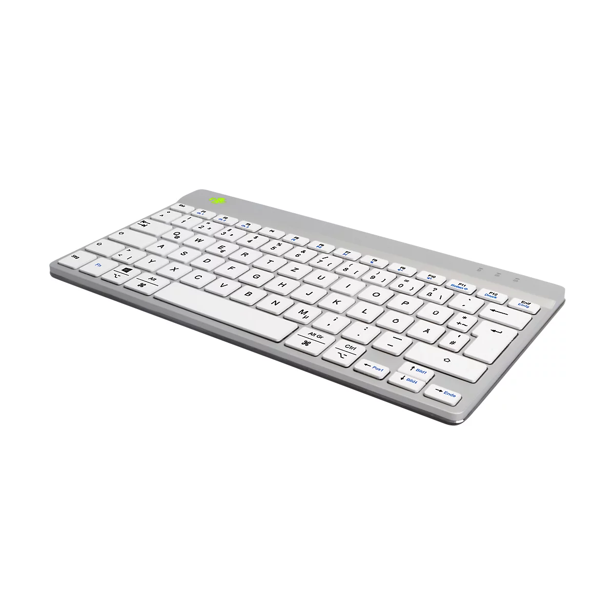 Silberne, flache Tastatur mit weißen Tasten und Buchstaben. Ein grünes Licht leuchtet oben.