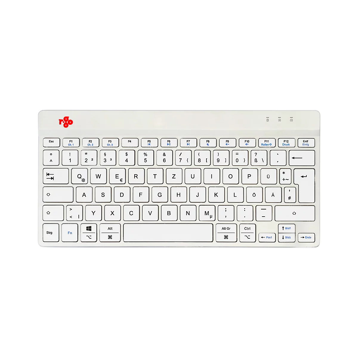 Hellgraue Tastatur mit schwarzen Tastenbeschriftungen. Oben links das Logo 'rgo'.