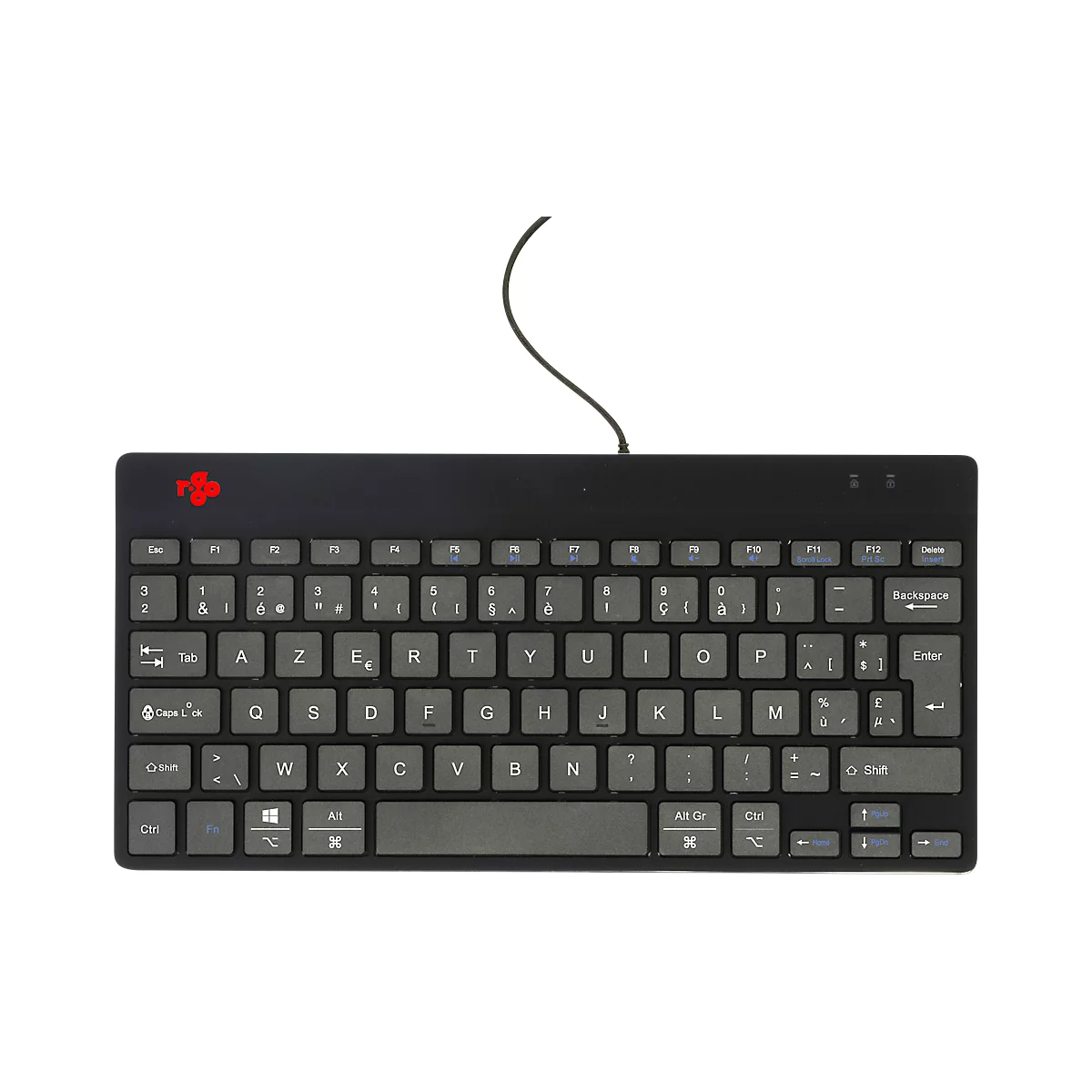 Schwarze Tastatur mit französischen Buchstaben, rotes Logo oben links. Ein Kabel führt nach oben.