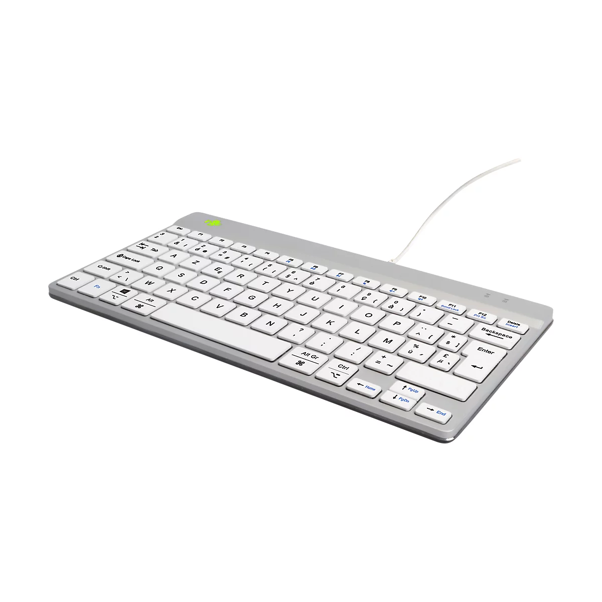 Silberne, flache Tastatur mit weißen Tasten und Kabel. Die Buchstaben und Sonderzeichen sind klar lesbar.