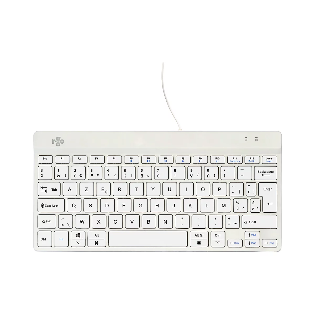 Hellweiße Tastatur mit französischem Layout und Kabel. Die Buchstaben, Zahlen und Sonderzeichen sind klar erkennbar.