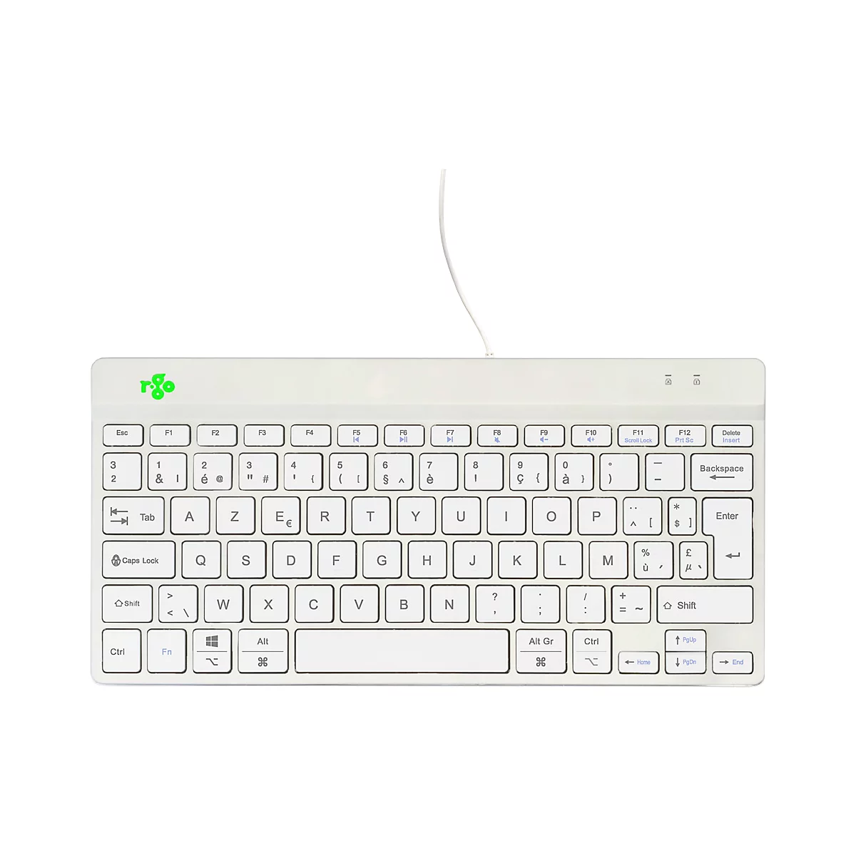 Hellgraue Tastatur mit französischen Buchstaben, Kabelanschluss. Oben links Logo, rechts Anzeigen für Num-Lock/Caps-Lock.