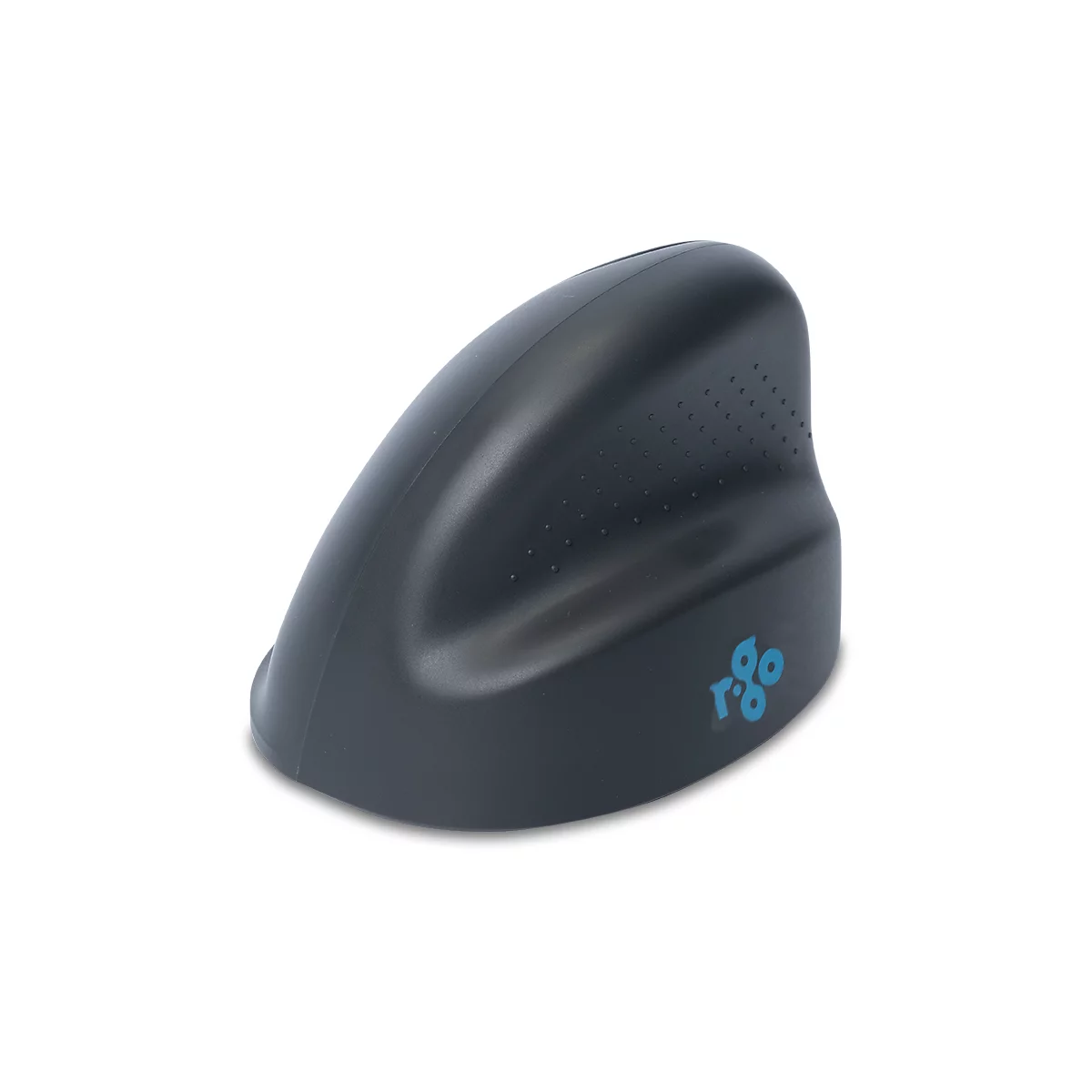 Schwarze, ergonomische Vertikal-Maus mit blauem R-Go Logo auf hellem Hintergrund.
