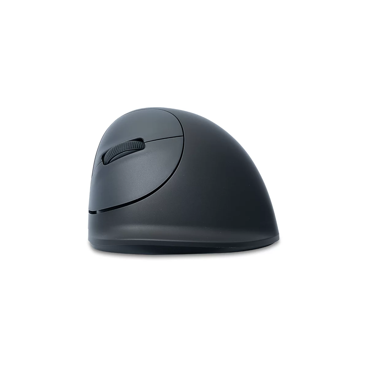 Schwarze, ergonomisch geformte Vertikalmaus in Seitenansicht vor weißem Hintergrund.