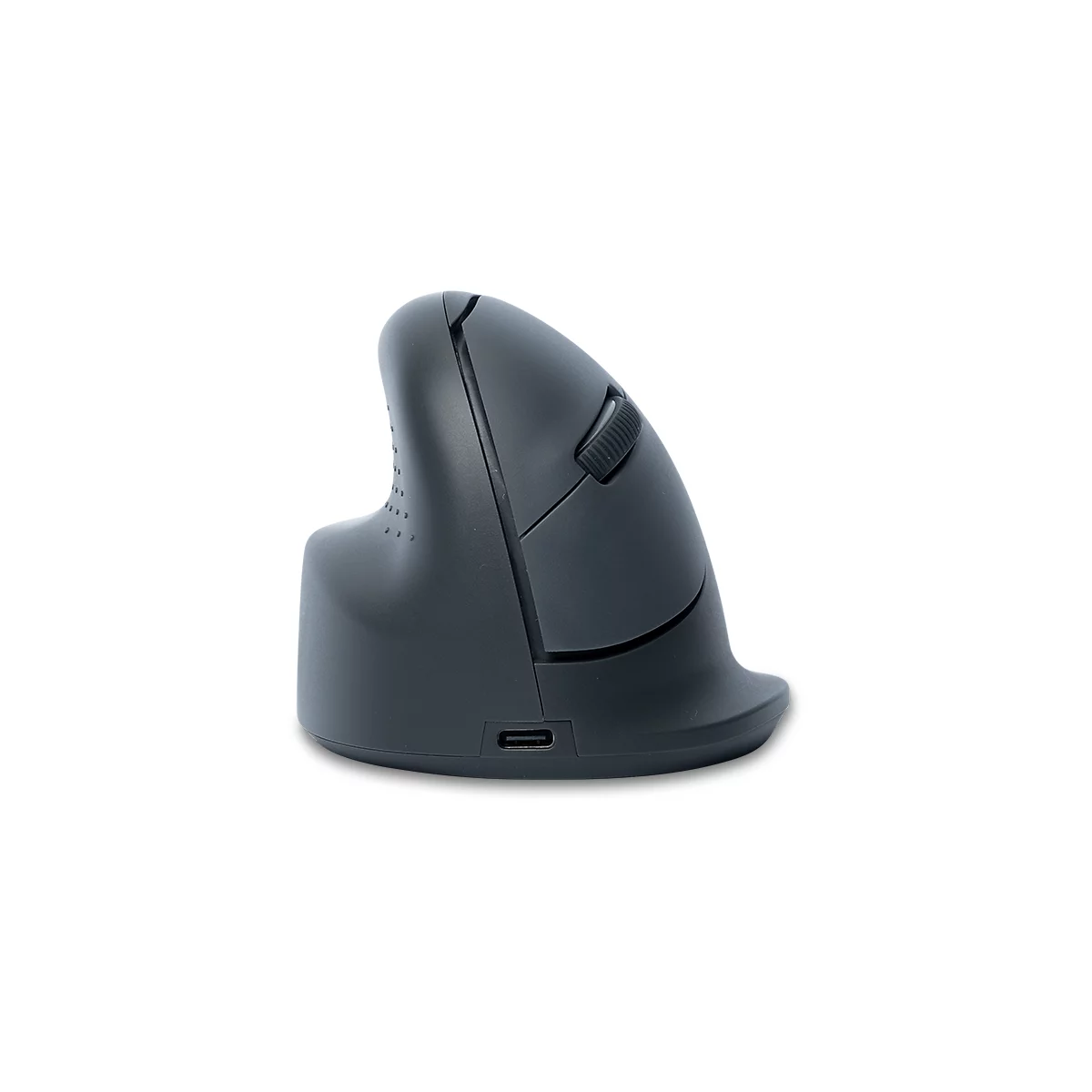Dunkelgraue, ergonomische Vertikal-Maus mit Mausrad vor weißem Hintergrund.