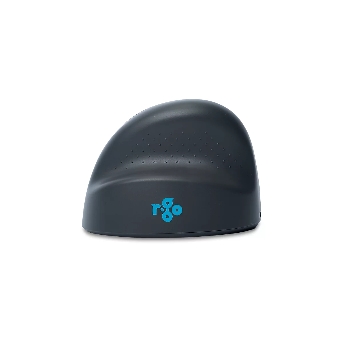 Dunkelgraue ergonomische Vertikalmaus mit hellblauem R-Go Logo vor weißem Hintergrund.