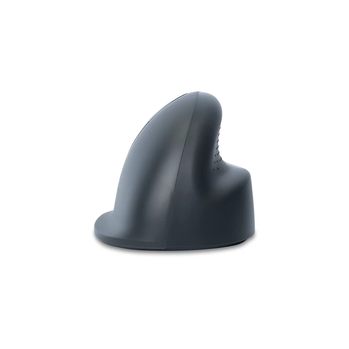 Schwarze, vertikale ergonomische Computermaus in Seitenansicht vor weißem Hintergrund.