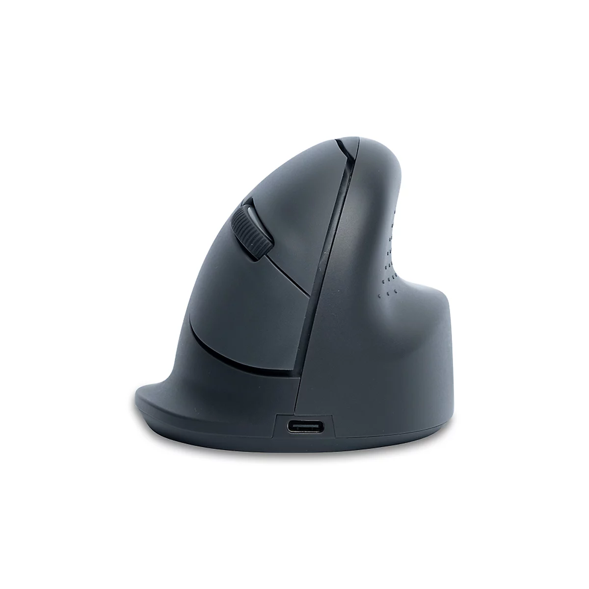 Dunkelgraue, ergonomische Vertikalmaus in Seitenansicht auf weißem Hintergrund.
