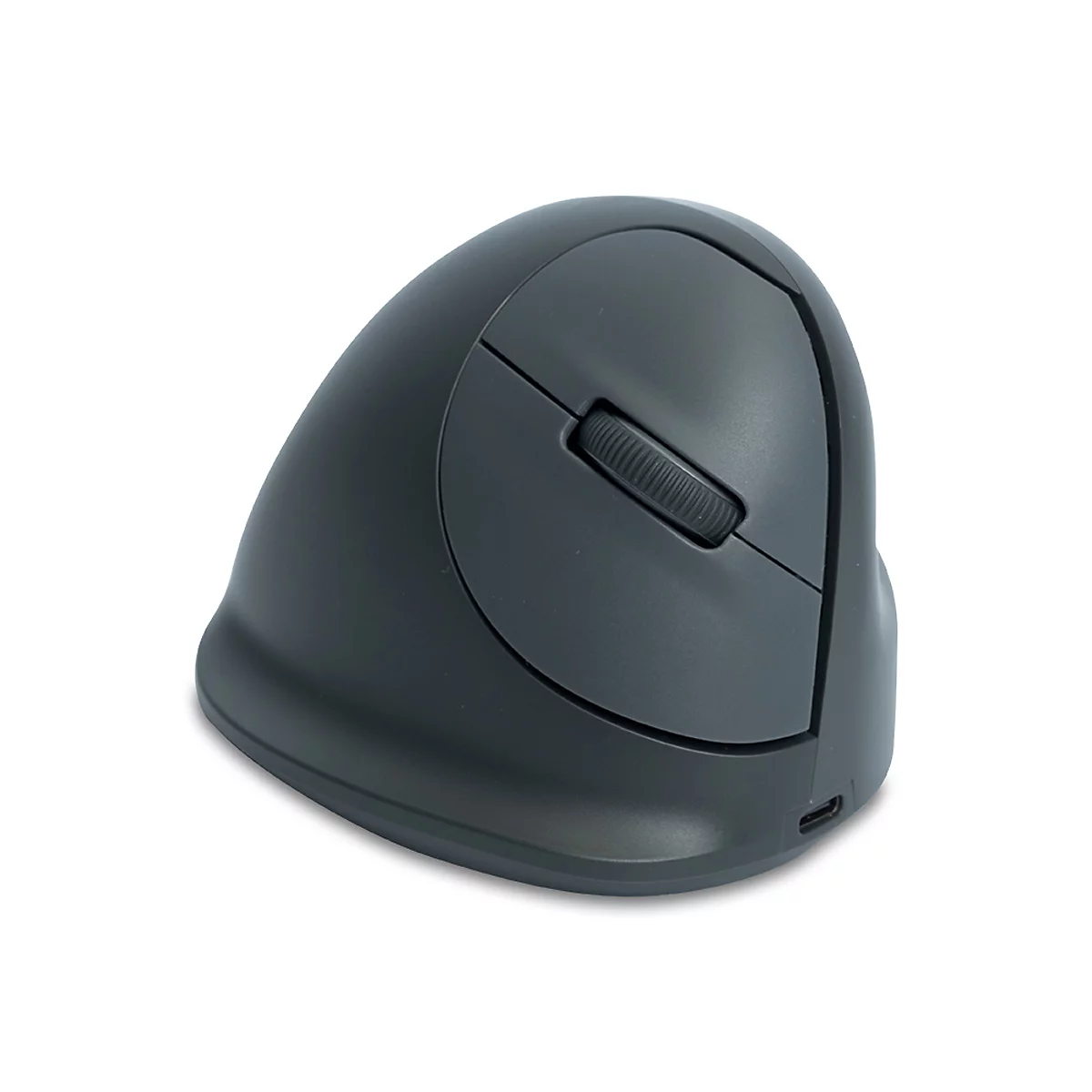 Dunkelgraue vertikale ergonomische Maus auf weißem Hintergrund mit Scrollrad und zwei Tasten.