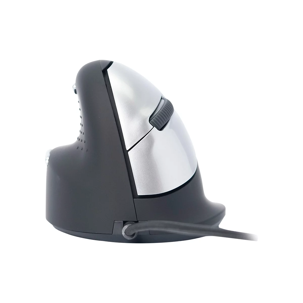 Ergonomische Maus in Grau und Silber mit Scrollrad. Ein Kabel ist angeschlossen.