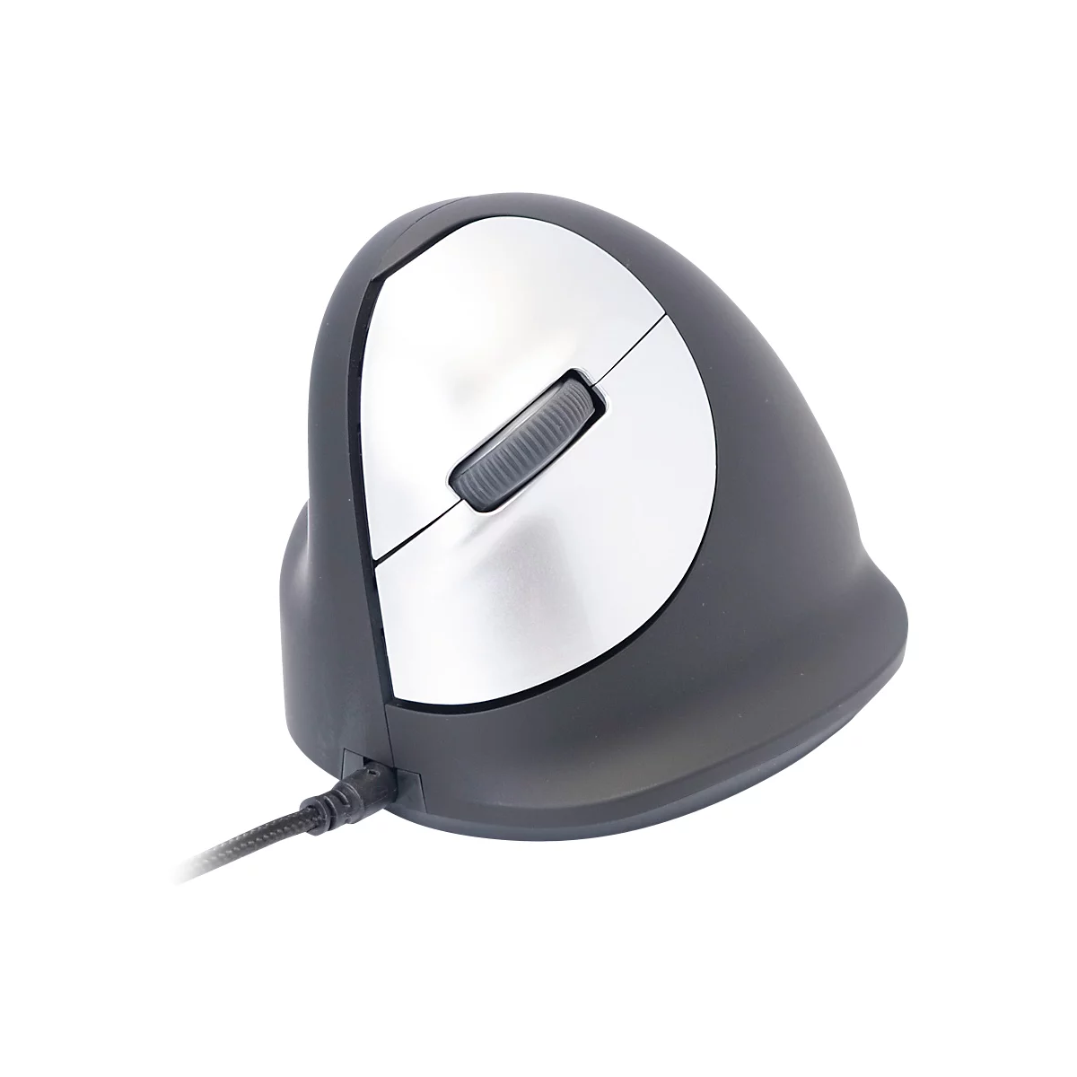 Ergonomische Vertikalmaus in Grau mit silberfarbener Oberfläche, Kabelanschluss.