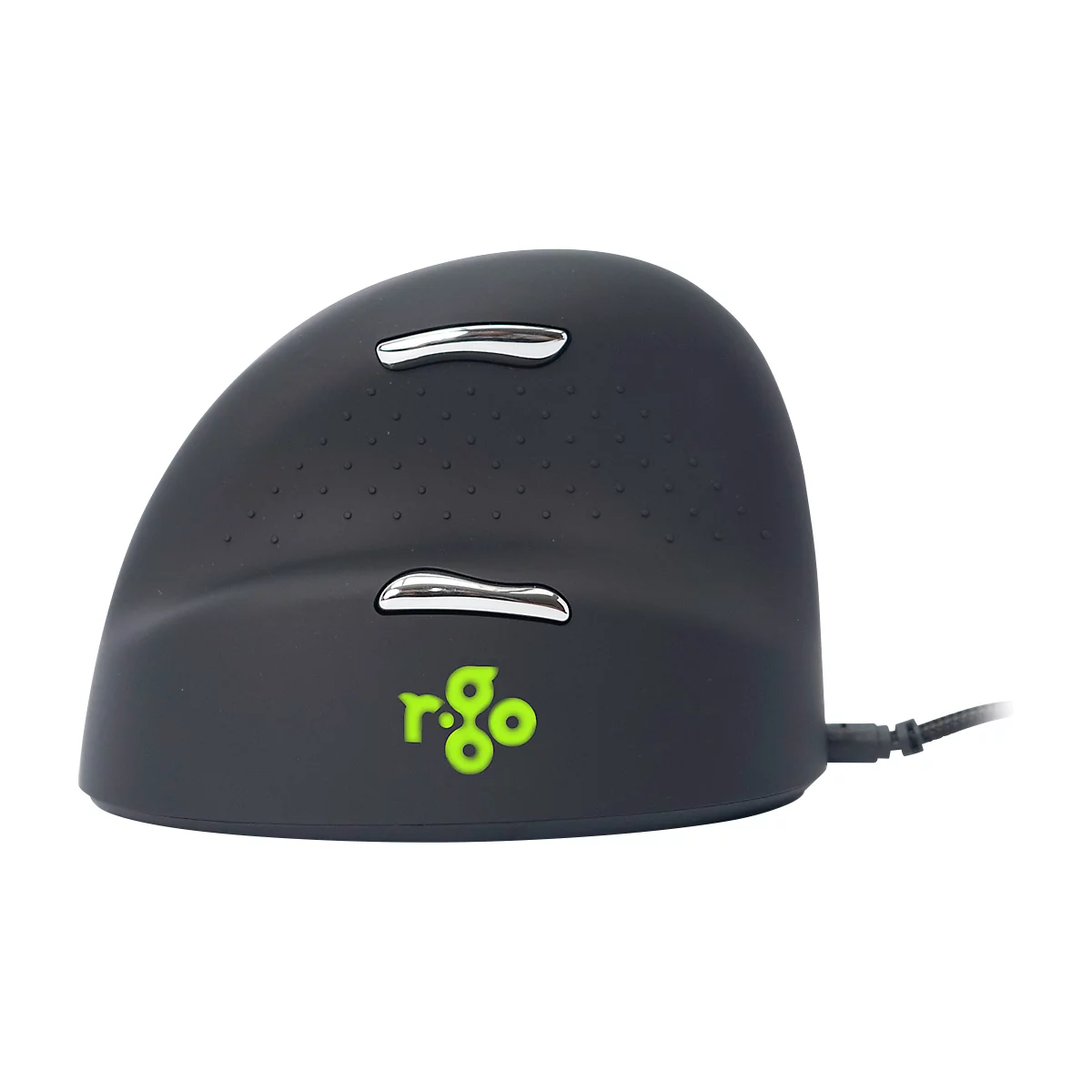 Ergonomische, schwarze Maus mit silbernen Knöpfen. Das Logo 'r-go' ist grün.