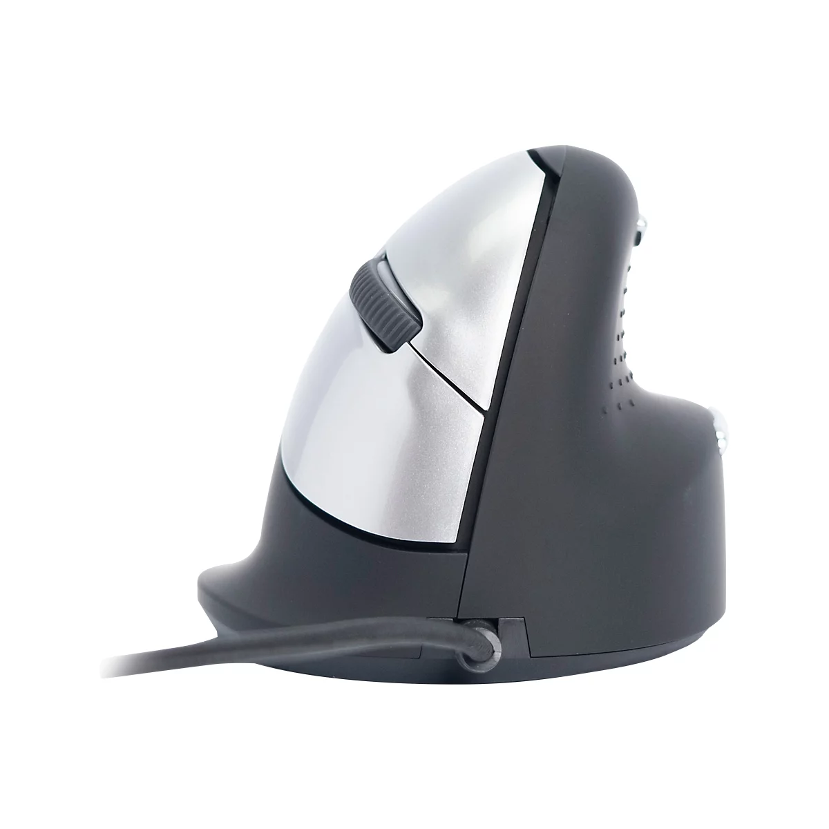 Ergonomische Maus, silber-schwarz, mit Scrollrad. Kabel am unteren Ende. Detailaufnahme.