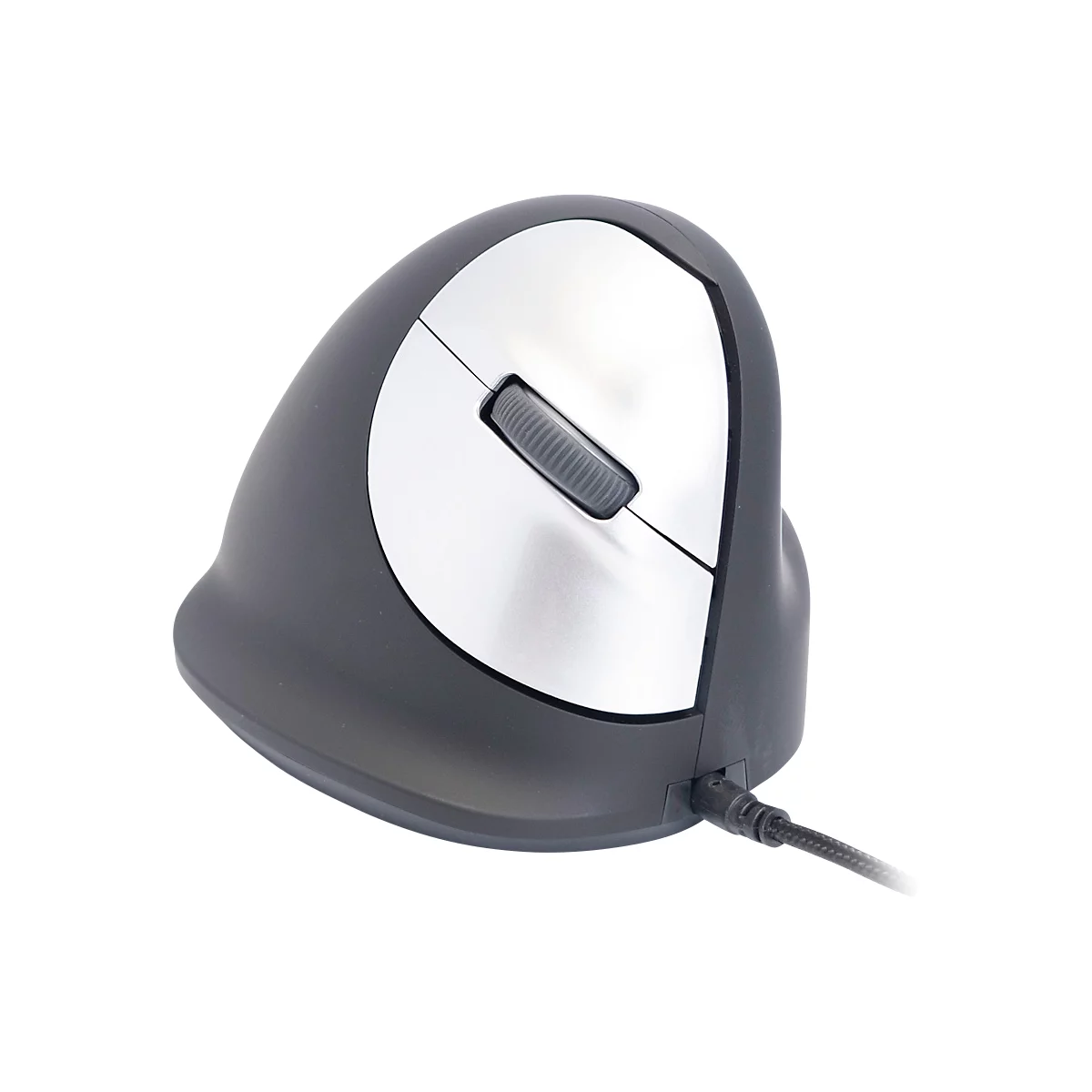 Ergonomische Maus, grau-silber, mit Scrollrad. Kabelanschluss.