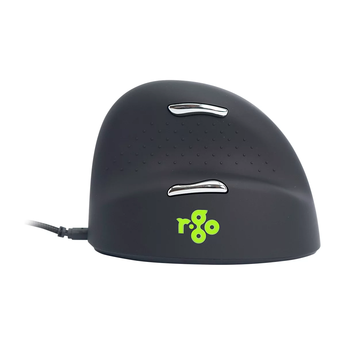 Ergonomische Maus in Schwarz mit silbernen Knöpfen. Das Logo 'r-go' ist grün.