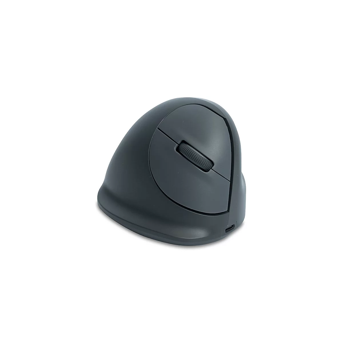 Dunkelgraue vertikale ergonomische Computermaus mit Scrollrad auf weißem Hintergrund.