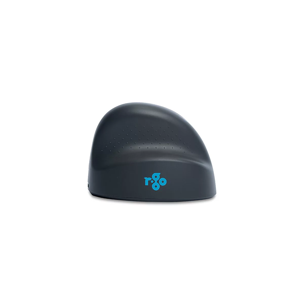 Dunkelgraue, ergonomisch geformte Vertikalmaus mit blauem R-Go-Logo auf weißem Hintergrund.