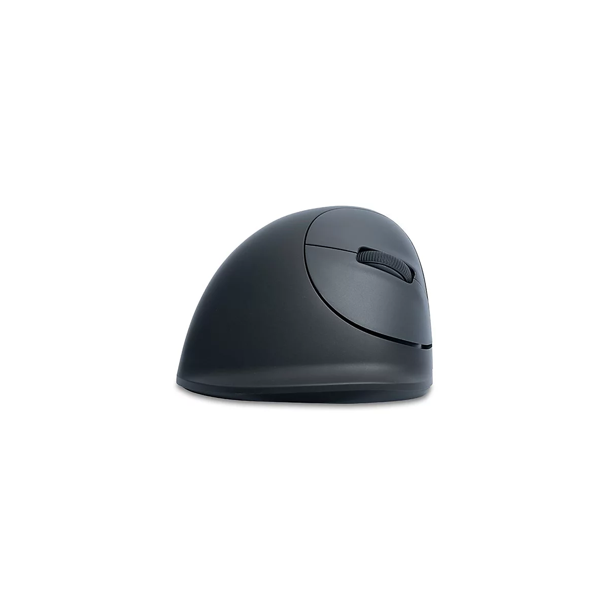 Schwarze vertikale ergonomische Maus in Seitenansicht vor weißem Hintergrund.