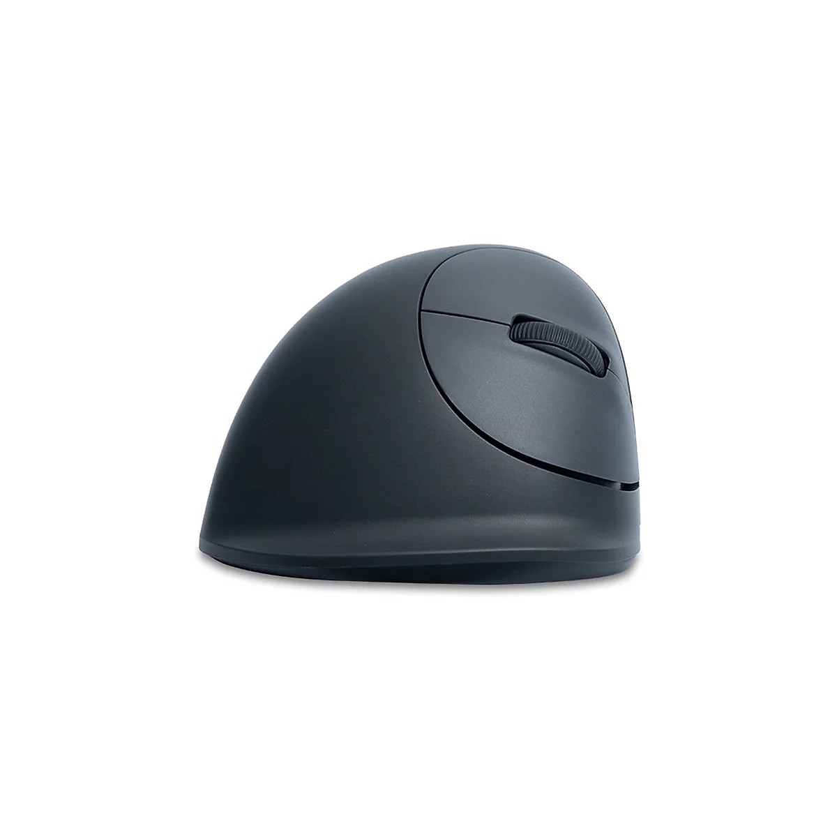 Schwarze vertikale ergonomische Computermaus vor weißem Hintergrund.