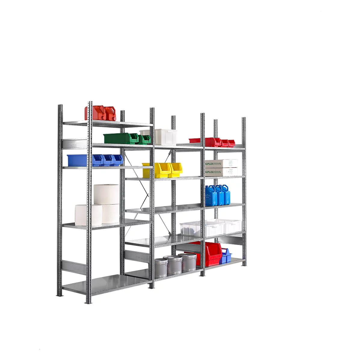 Shelving unit with various containers and supplies, against a white background.