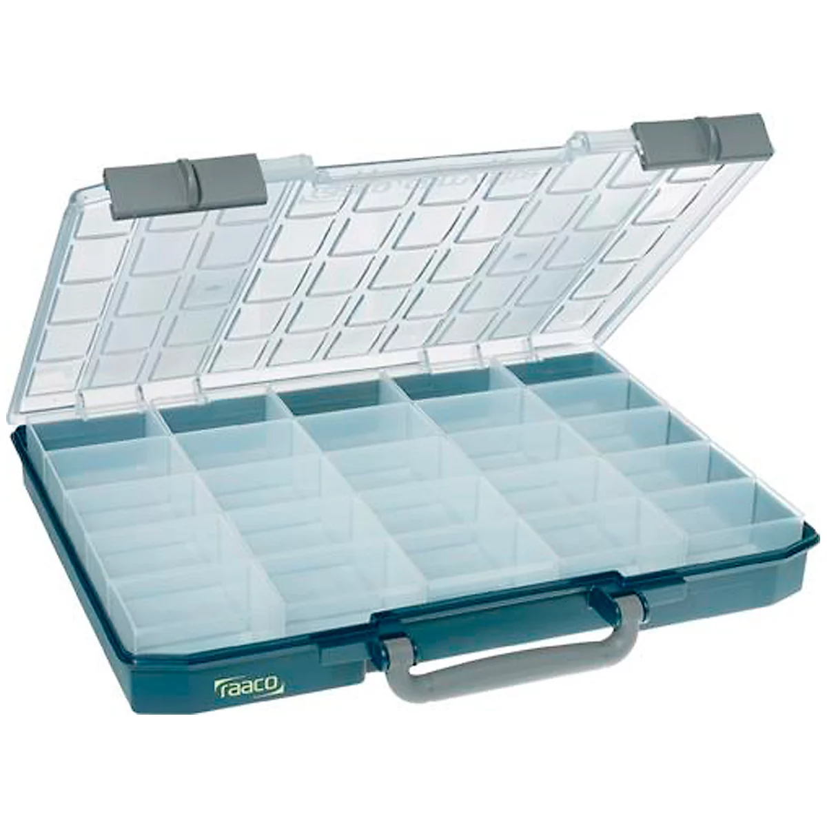Raaco CarryLite 55 5x10-25/1 assortimentskoffer, met 25 inzetstukken, B 413 x D 330 x H 57 mm, gemaakt van polycarbonaat/polypropeen, transparant/blauw