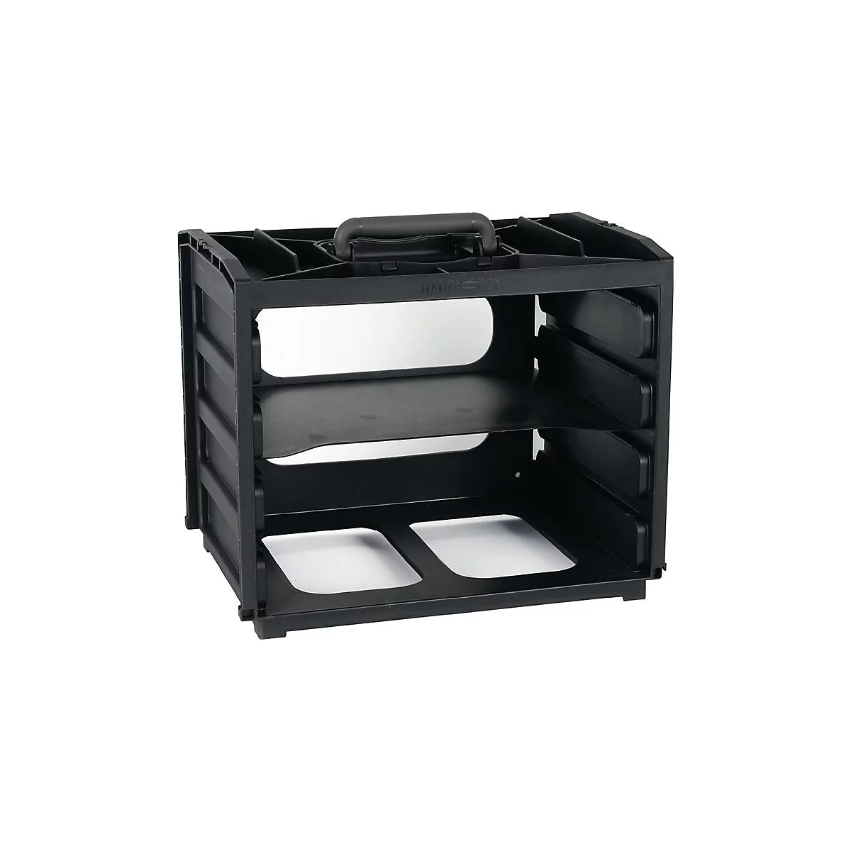Boîte à outils noire avec poignée, compartiments et étagères.