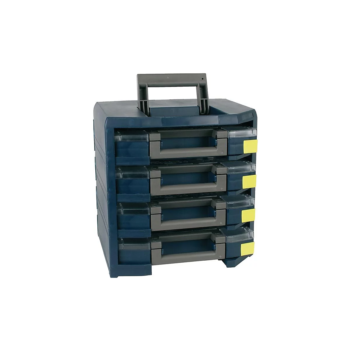 Boîte à outils bleu foncé avec quatre tiroirs et une poignée grise. Des étiquettes jaunes sont apposées sur les tiroirs.
