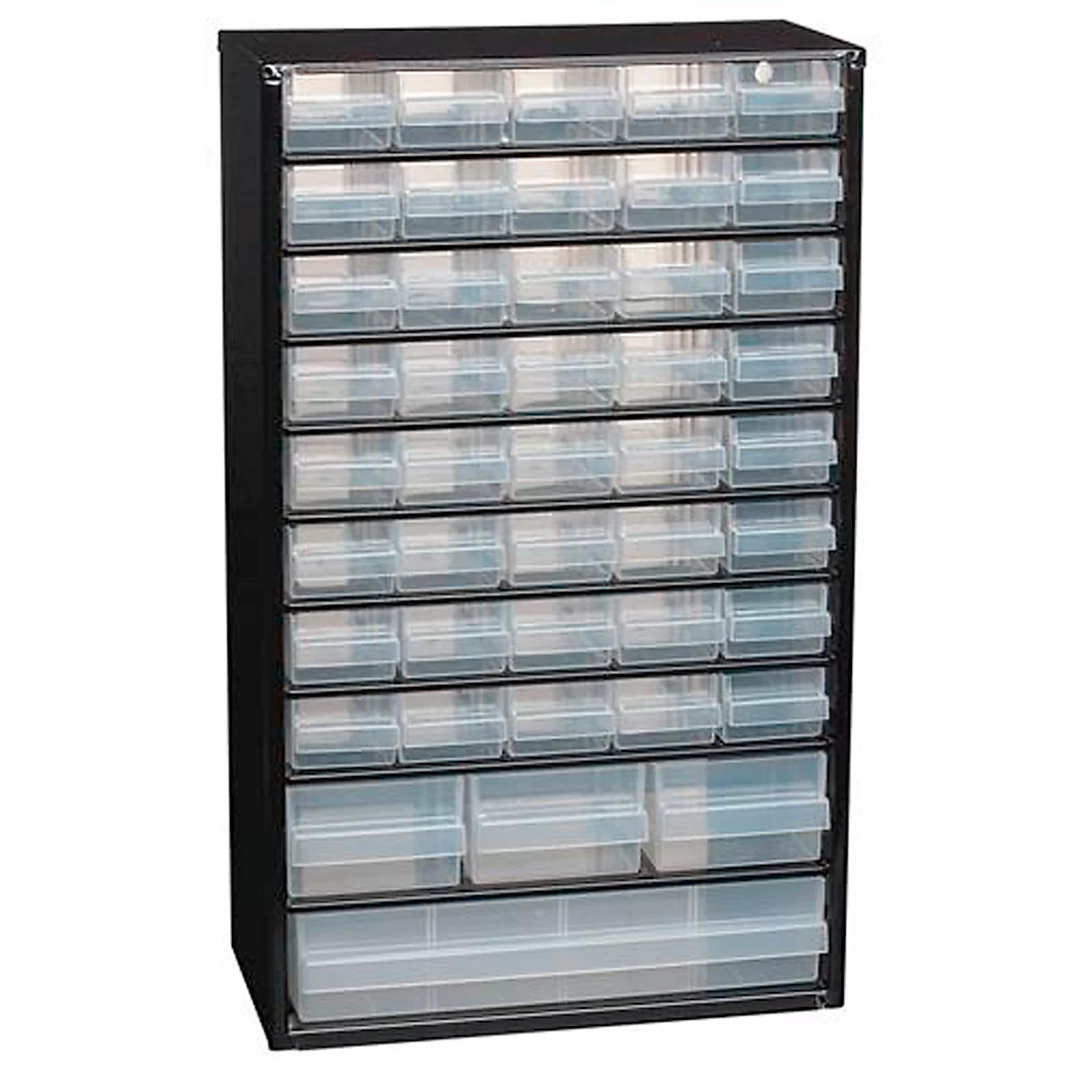 Zwarte kast met transparante laden, ideaal voor kleine onderdelen.