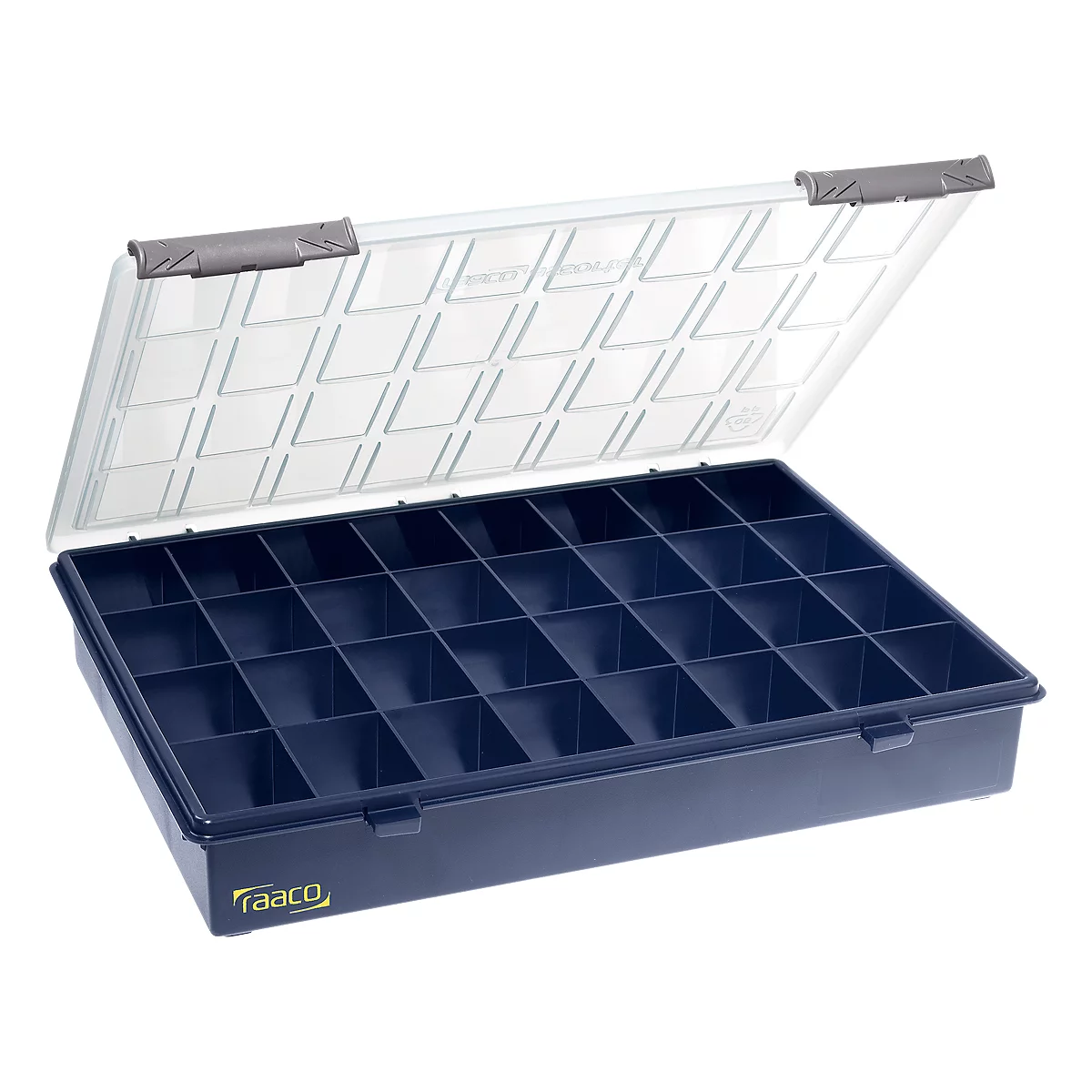 Blaue Sortimentsbox mit transparentem Deckel, geöffnet. Innen in Fächer unterteilt.