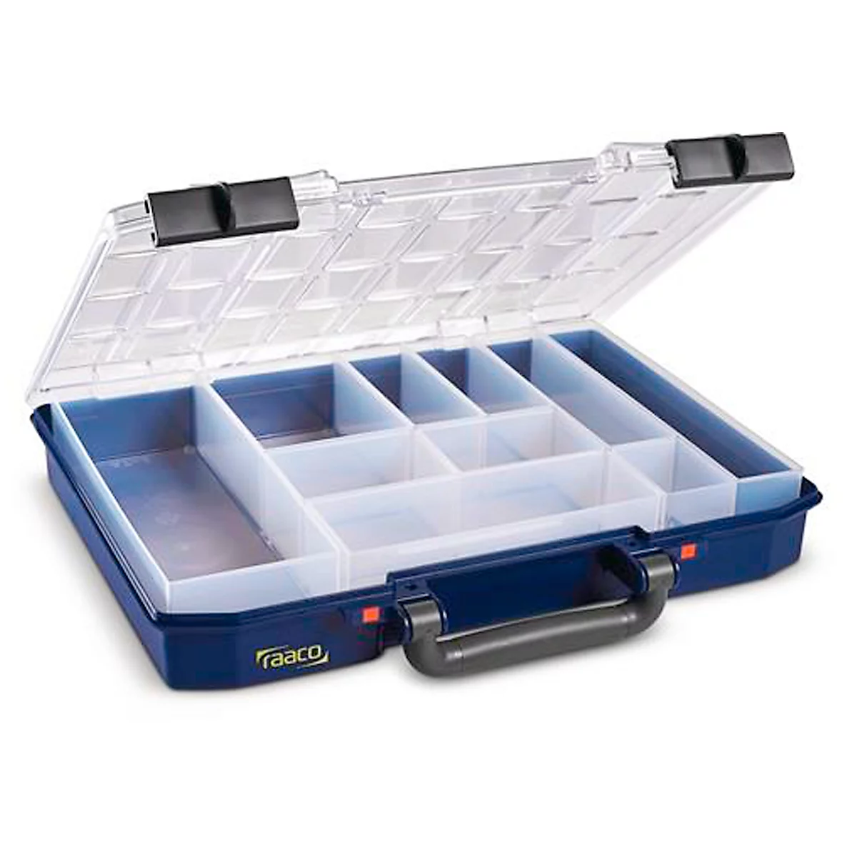 Raaco Sortimentskoffer CarryLite 55 4x8-10, mit 10 Einsätzen, B 337 x T 278 x H 57 mm, aus Polycarbonat/Polypropylen, transparent/blau