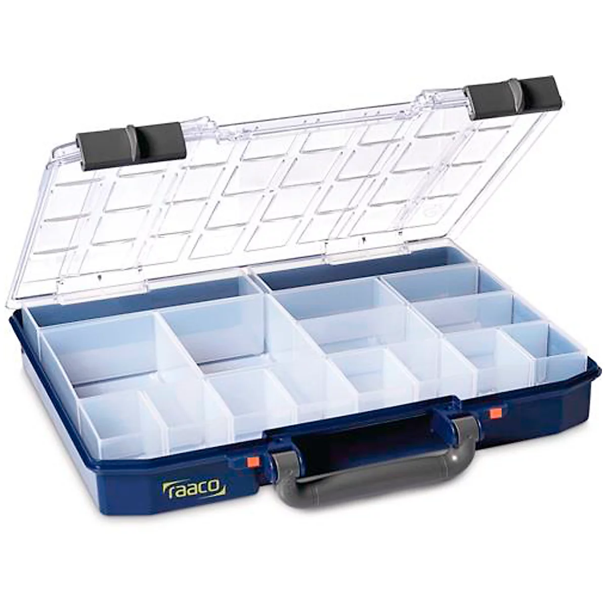 Raaco Sortimentskoffer CarryLite 55 4x8-16, mit 16 Einsätzen, B 337 x T 278 x H 57 mm, aus Polycarbonat/Polypropylen, transparent/blau