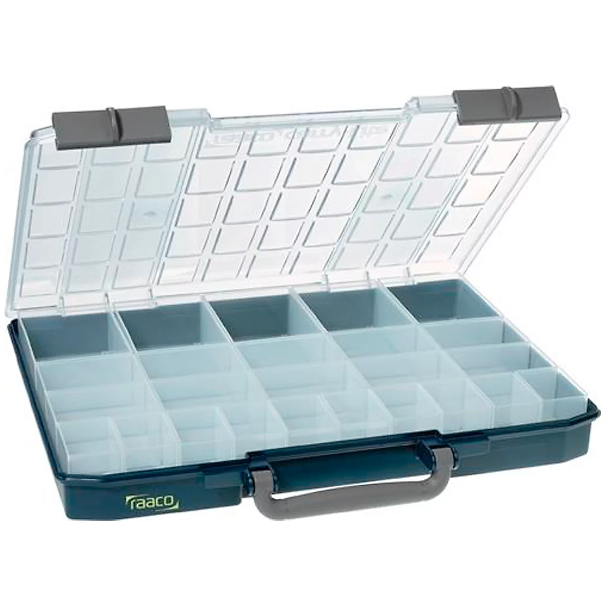Raaco Sortimentskoffer CarryLite 55 5x10-25/2, mit 25 Einsätzen, B 413 x T 330 x H 57 mm, aus Polycarbonat/Polypropylen, transparent/blau