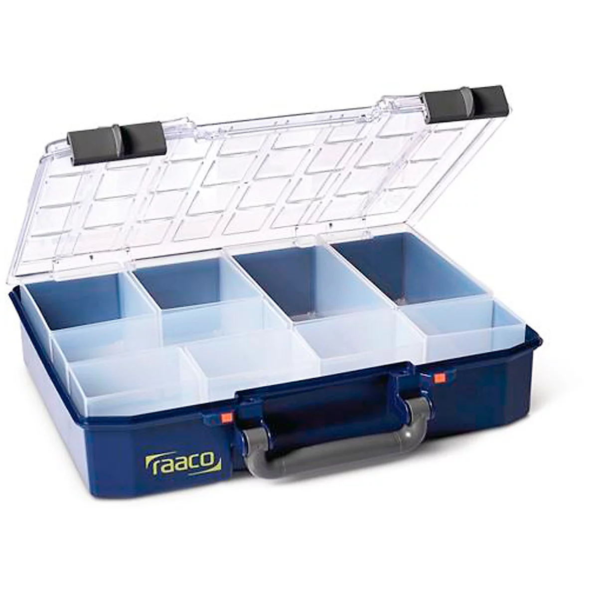 Raaco Sortimentskoffer CarryLite 80 4x8-9, mit 9 Einsätzen, B 337 x T 278 x H 79 mm, aus Polycarbonat/Polypropylen, transparent/blau