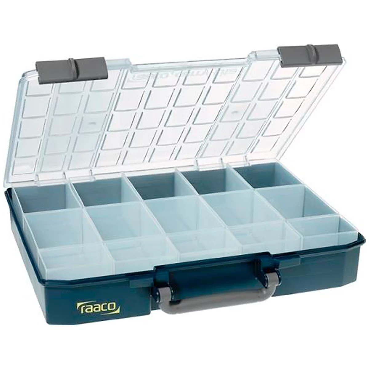 Raaco Sortimentskoffer CarryLite 80 5x10-15, mit 15 Einsätzen, B 413 x T 330 x H 79 mm, aus Polycarbonat/Polypropylen, transparent/blau