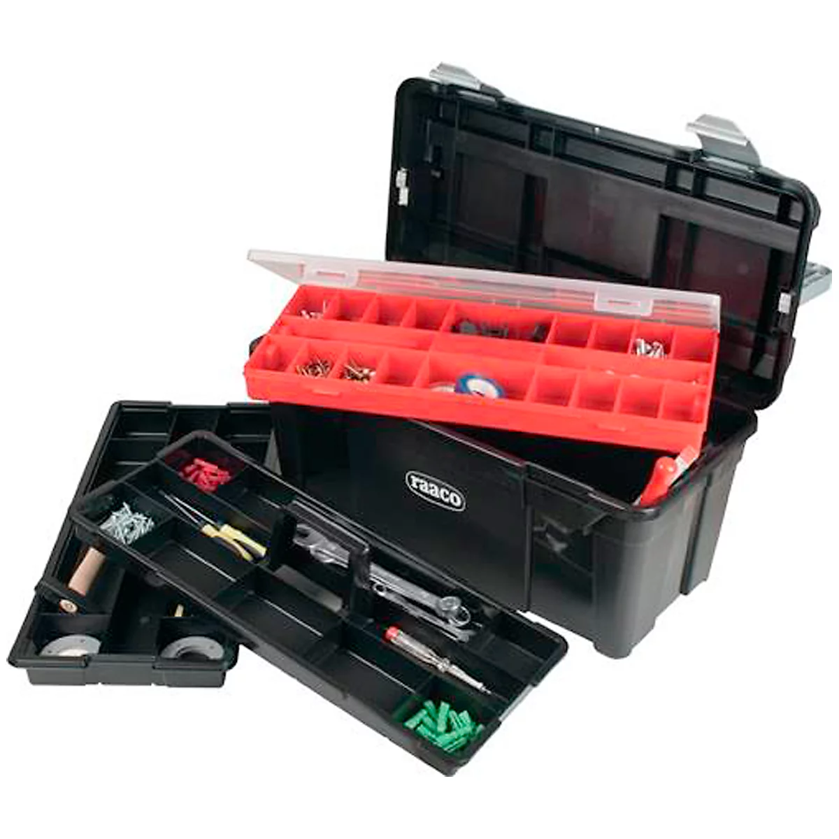 Raaco Werkzeugkoffer Toolbox 35-50, mit Träger und Kleinteile-Sortimentsbox, B 580 x T 290 x H 285 mm, aus Polypropylen, schwarz