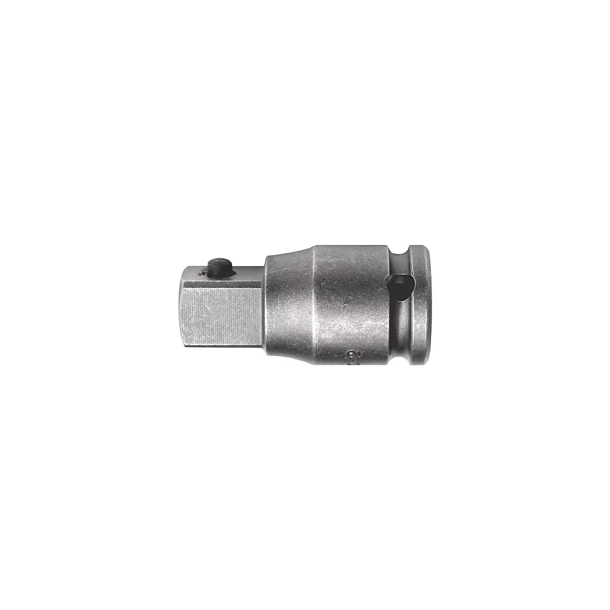 Un adaptateur de clé à douille métallique, gris, avec une extrémité carrée et hexagonale.