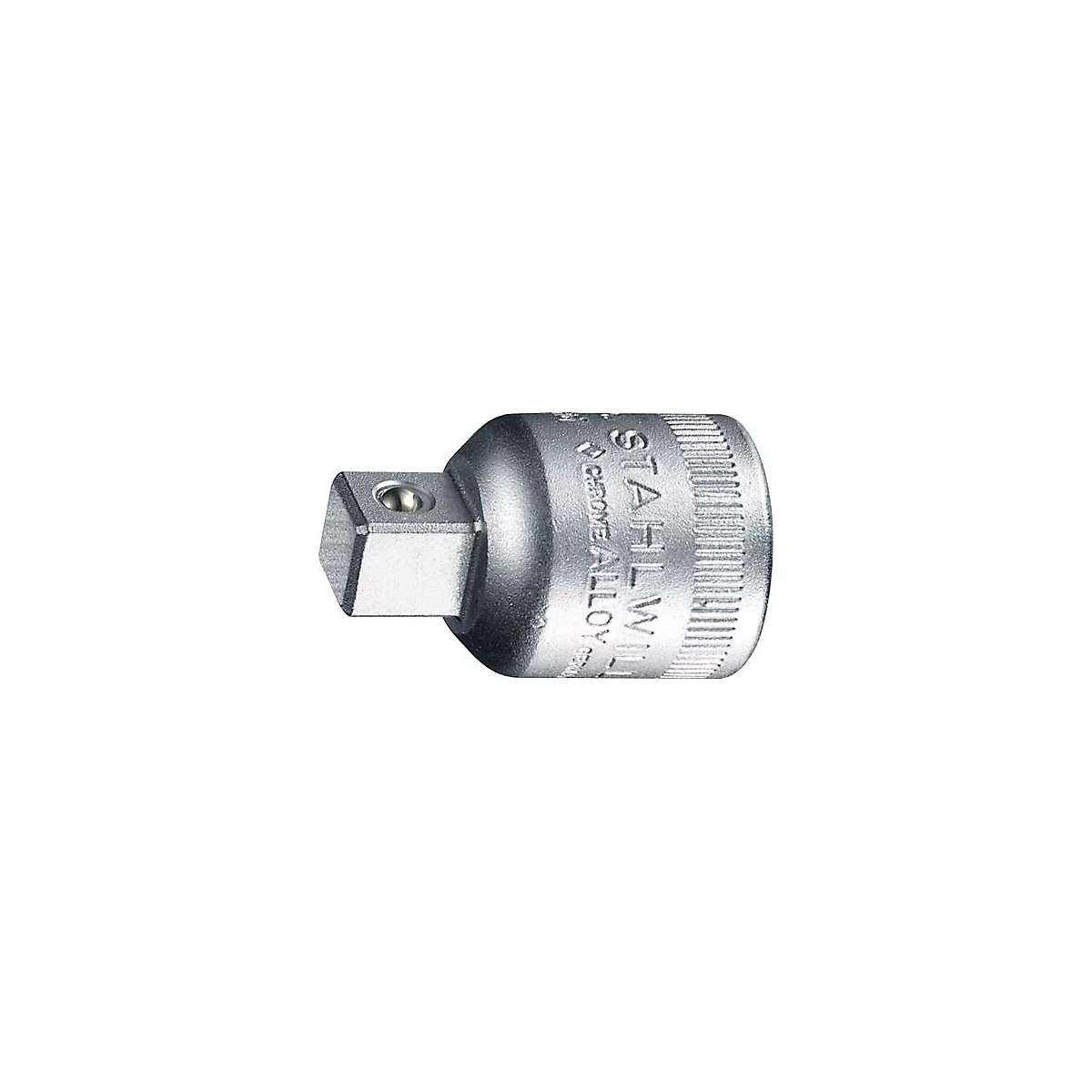 Adaptateur métallique. Connecteur carré et tête ronde avec lettrage.