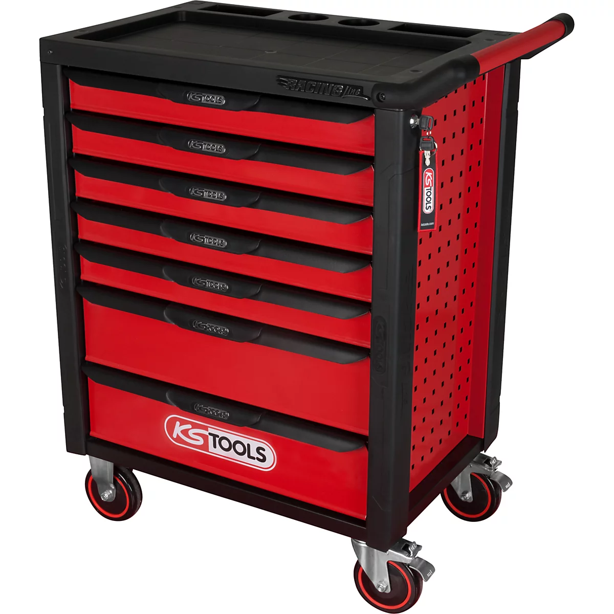 Roter Werkzeugwagen mit schwarzen Schubladen und Rollen, Marke KS TOOLS.