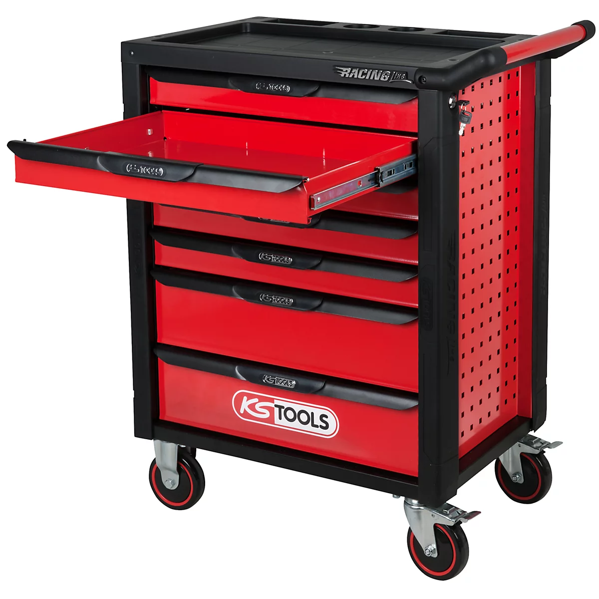 Roter Werkzeugwagen mit geöffneter Schublade. Auf Rädern, schwarzer Rahmen. Marke: KS TOOLS.