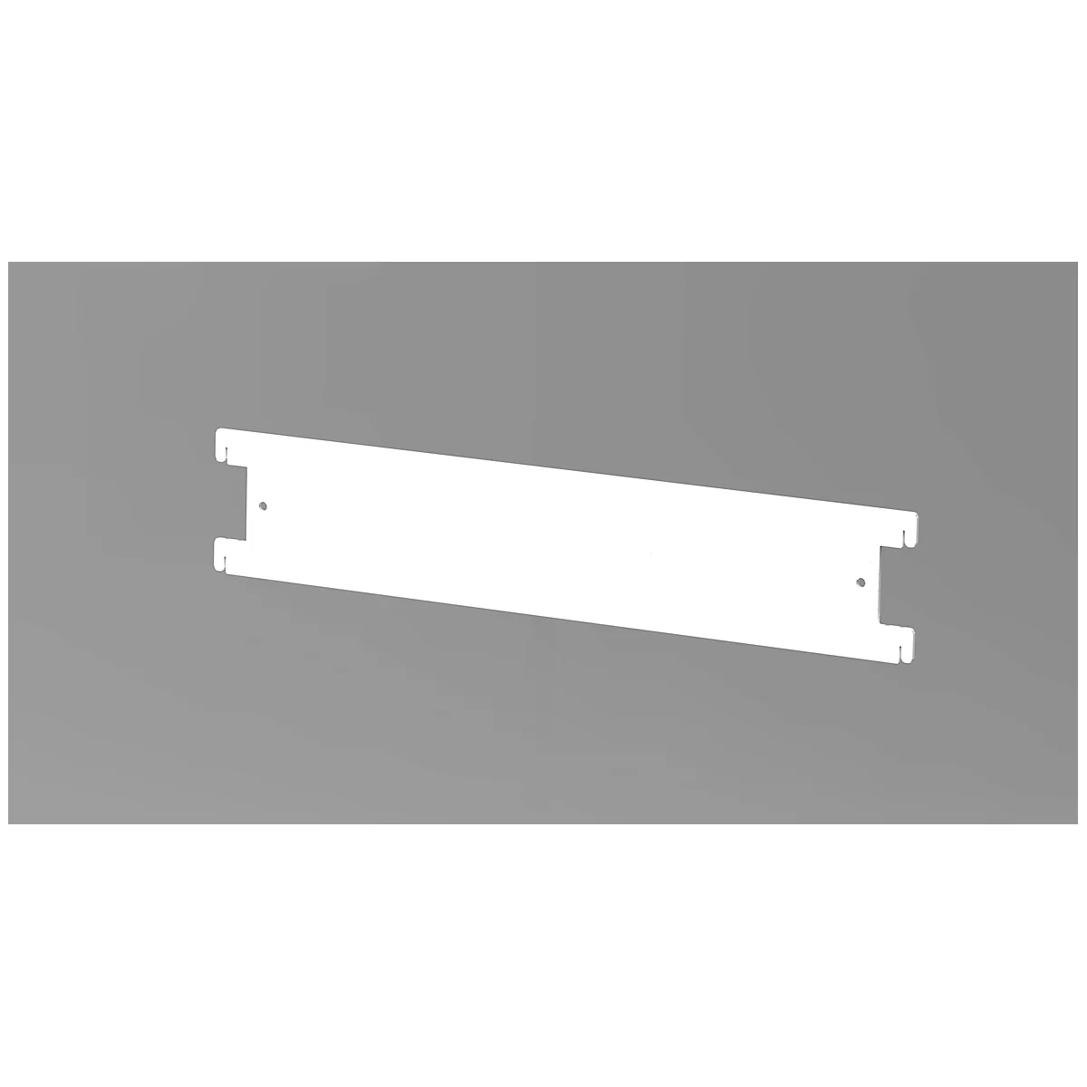 White, rectangular component with cutouts at the ends and holes in the middle, on a gray background.