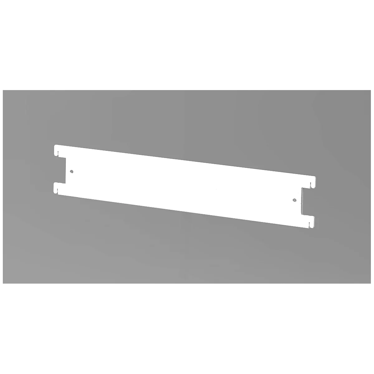 White, rectangular component with recesses at the ends and two small holes, against a grey background.