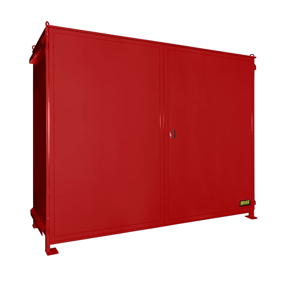 Red cabinet with two doors, on metal feet. Metal eyelets are attached on the left and right.