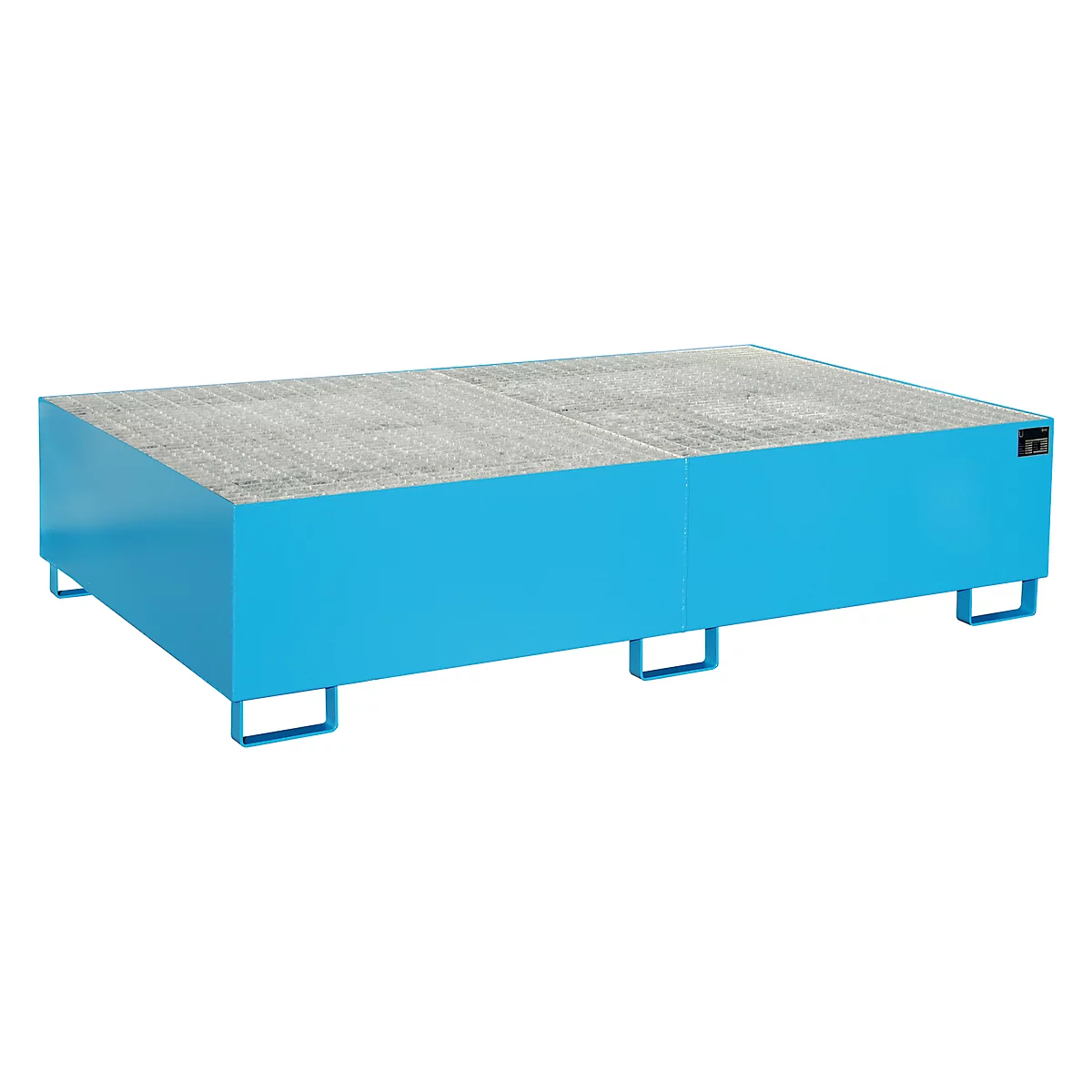 Blue painted steel table with gray rough surface. Four blue, angular legs support the table.