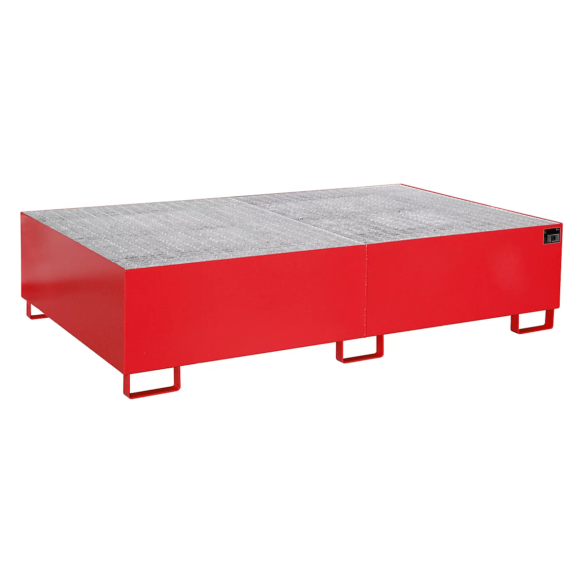 A red rectangular table with a gray top. It stands on red, U-shaped legs.
