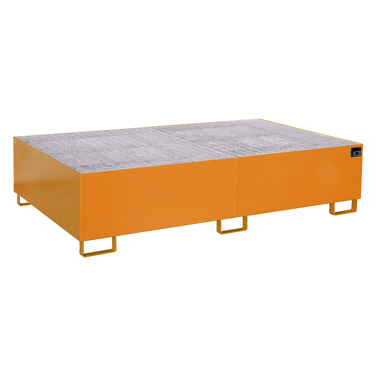 Coffee table: rectangular, orange, with gray tabletop. Yellow metal feet.