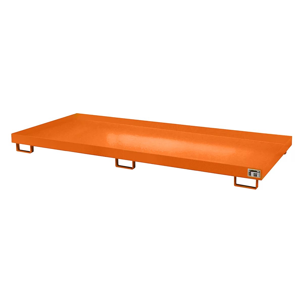 Orange platform with metal feet on the underside. A company logo on the right.